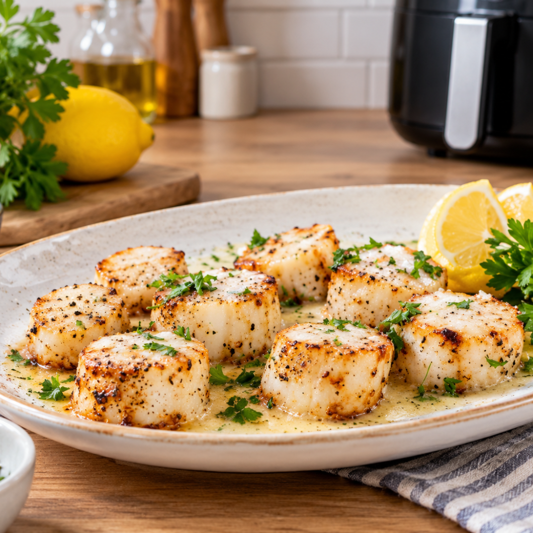 Air Fryer Scallops with Garlic Lemon Cream Sauce