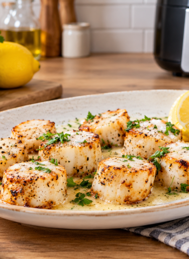 Air Fryer Scallops with Garlic Lemon Cream Sauce