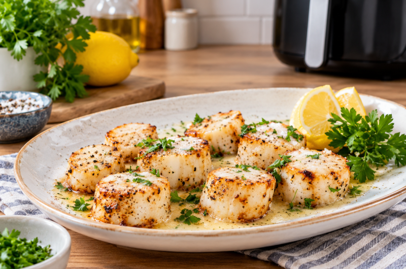 Air Fryer Scallops with Garlic Lemon Cream Sauce